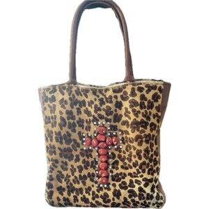 KurtMen Purse Genuine Hide Animal Print Leather Trim Red Stone Cross Rhinestones